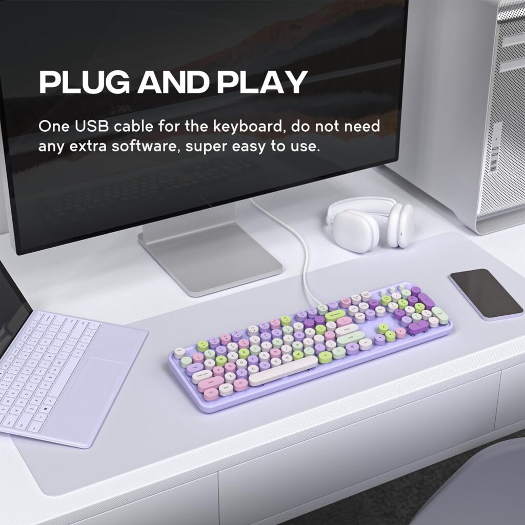 MOWUX Computer Keyboard Wired, Plug and Play USB Retro Round Typewriter Keyboard, Full Size Wired Keyboard with Foldable Stands for Laptop and Office PC- Purple Colorful