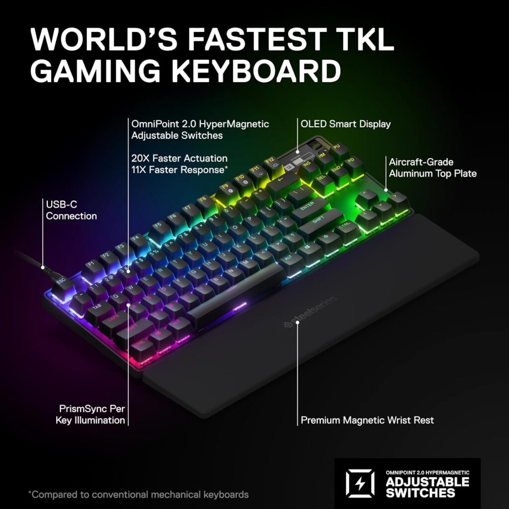 SteelSeries Apex Pro TKL Wireless HyperMagnetic Gaming Keyboard — Worlds Fastest Keyboard — Esports Tenkeyless — OLED Screen — Adjustable Actuation — PBT Keycaps — Bluetooth — 2.4GHz — USB-C,Black SteelSeries Apex Pro TKL Wireless HyperMagnetic Gaming Keyboard — Worlds Fastest Keyboard — Esports Tenkeyless — OLED Screen — Adjustable Actuation — PBT Keycaps — Bluetooth — 2.4GHz — USB-C,Black