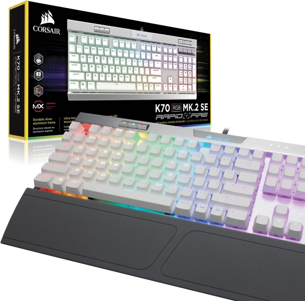 Corsair K70 RGB PRO Wired Mechanical Gaming Keyboard (CHERRY MX RGB Speed Switches: Linear and Rapid, 8,000Hz Hyper-Polling, PBT DOUBLE-SHOT PRO Keycaps, Soft-Touch Palm Rest) QWERTY, NA - Black Corsair K70 RGB PRO Wired Mechanical Gaming Keyboard (CHERRY MX RGB Speed Switches: Linear and Rapid, 8,000Hz Hyper-Polling, PBT DOUBLE-SHOT PRO Keycaps, Soft-Touch Palm Rest) QWERTY, NA - Black