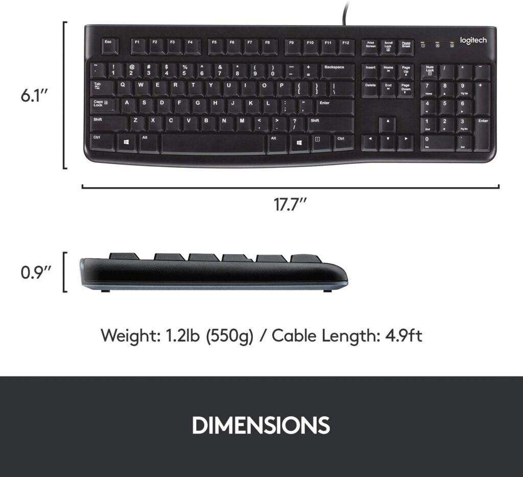 Logitech K120 Wired Keyboard for Windows, Plug and Play, Full-Size, Spill-Resistant, Curved Space Bar, Compatible with PC, Laptop - Black