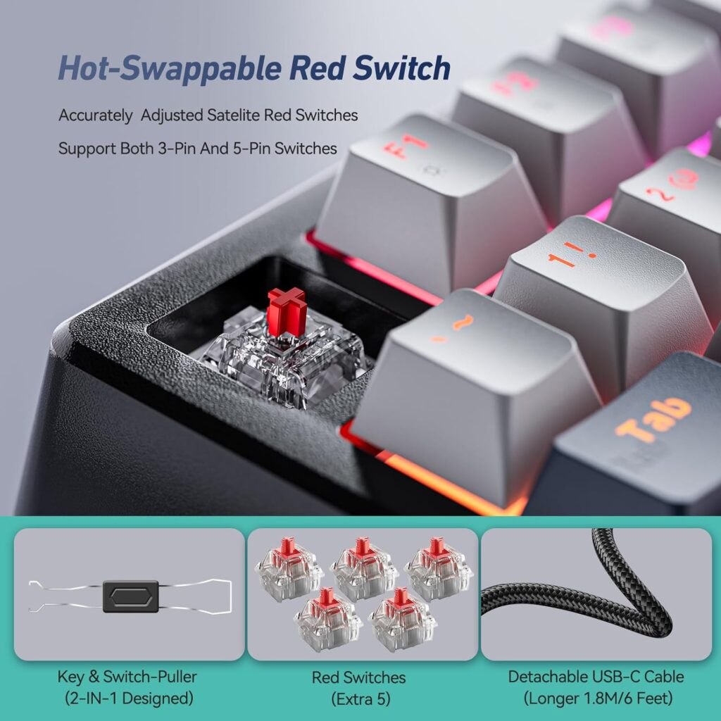 EarlyLit Hot-Swappable Mechanical Keyboard, Wired Gaming Keyboard with Numeric Pad,Quiet Gasket and Red Switches,Programmable RGB Backlit, Compact 98Keys Computer Keyboard for PC Mac Xbox Gamer