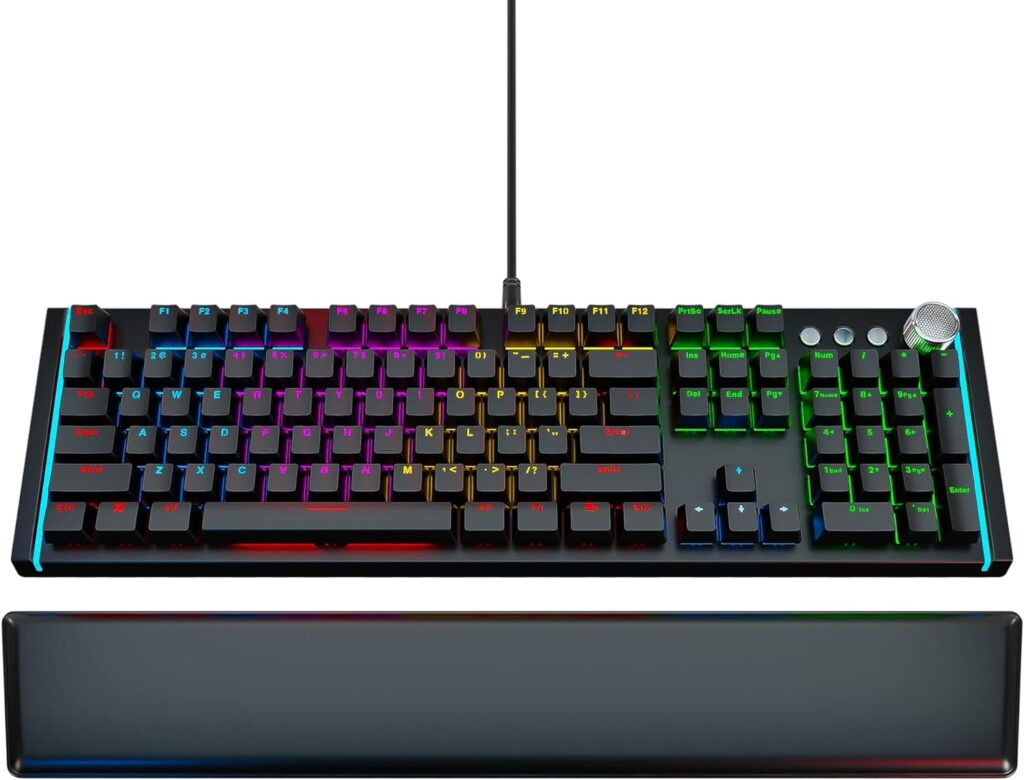 Newest 2023 Real Mechanical Gaming Keyboard with 107 Clicky Optical switches- Programmable RGB LED Backlit, Laser Engraved Keys - Ergonomic Magnetic Leather Wrist Rest, Dedicated Media Keys for PC