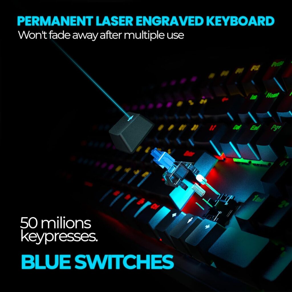 Newest 2023 Real Mechanical Gaming Keyboard with 107 Clicky Optical switches- Programmable RGB LED Backlit, Laser Engraved Keys - Ergonomic Magnetic Leather Wrist Rest, Dedicated Media Keys for PC