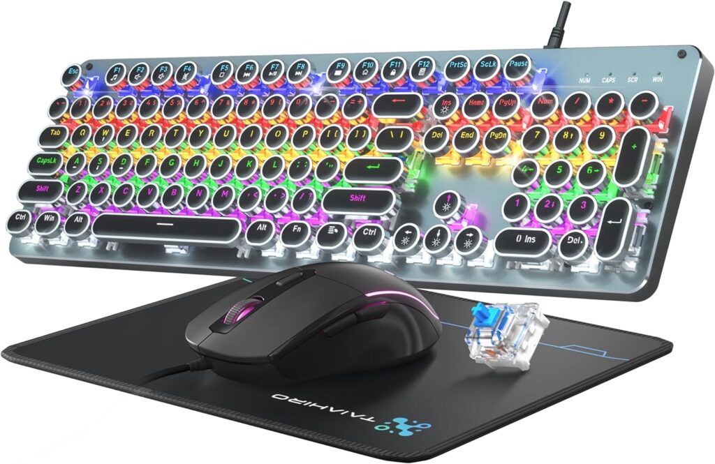 Typewriter Mechanical Gaming Keyboard with Mouse, Metal Panel Retro Keyboard with Round Keycap Blue Switch, RGB Backlit 104 Keys Anti-Ghost Wired Keyboard Mouse and Pad Combo for PC Laptop Mac Gamer Typewriter Mechanical Gaming Keyboard with Mouse, Metal Panel Retro Keyboard with Round Keycap Blue Switch, RGB Backlit 104 Keys Anti-Ghost Wired Keyboard Mouse and Pad Combo for PC Laptop Mac Gamer
